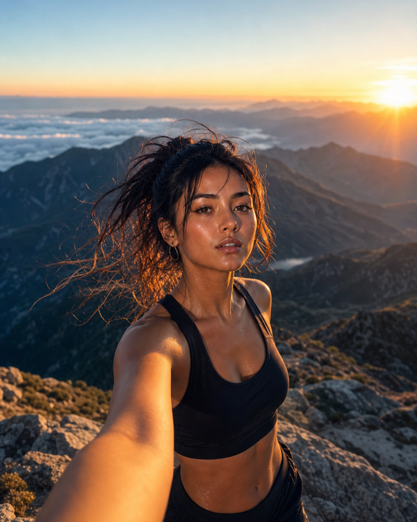 A person taking a mountain summit selfie